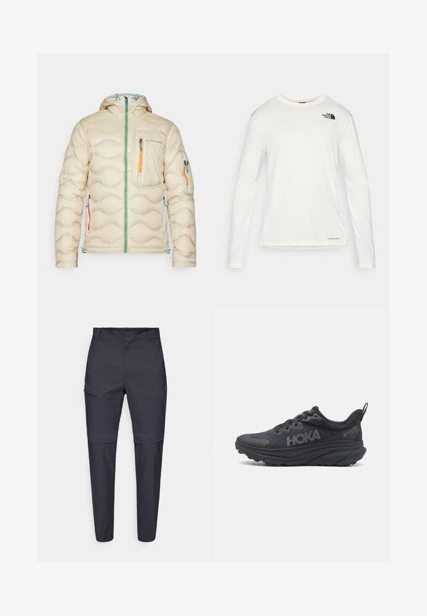 Giacca puffer crema con cappuccio, design trapuntato, zip verde, tre tasche con zip colorate (blu, arancione, rossa) e orlo regolabile.; Camicia bianca a maniche lunghe con colletto tondo, tessuto testurizzato, logo nero sulla spalla sinistra e branding sottile sul fondo.; Pantaloni leggeri blu navy con tasca con zip sulla coscia e design a gamba dritta; realizzati in un tessuto morbido e resistente.; Scarpa da corsa nera Hoka con tomaia in mesh, dettagli texturizzati e una suola spessa e imbottita con bordi affilati per un supporto migliorato.