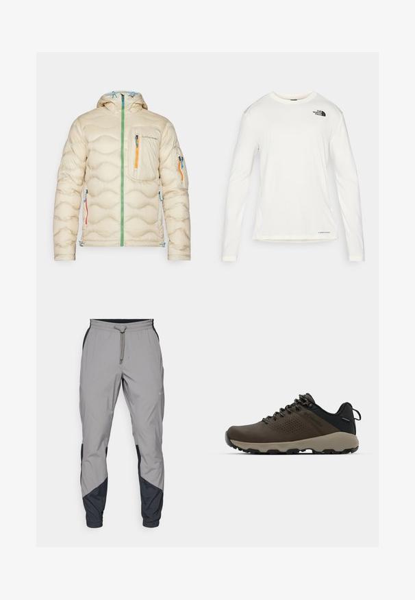 Krema pufasta jakna s kapuljačom, kvadratni dizajn, zeleni zip, tri džepa s obojenim zipovima (plavi, narančasti, crveni) i podesivim rubom.; Bela srajca z dolgimi rokavi in okroglim ovratnikom, strukturirana tkanina, črn logo na levem ramenu in diskretno znamčenje na dnu.; Lahki, sivi atletski hlače z črnimi dodatki. Elastika v pasu, zategovalna vrvica, oblikovana noga in stranske žepe.; Rjave vodoodporne superge z teksturiranim zgornjim delom, perforiranimi detajli, črno podporo za peto in sivo gumijasto podlogo. Šnure imajo metalne konice.
