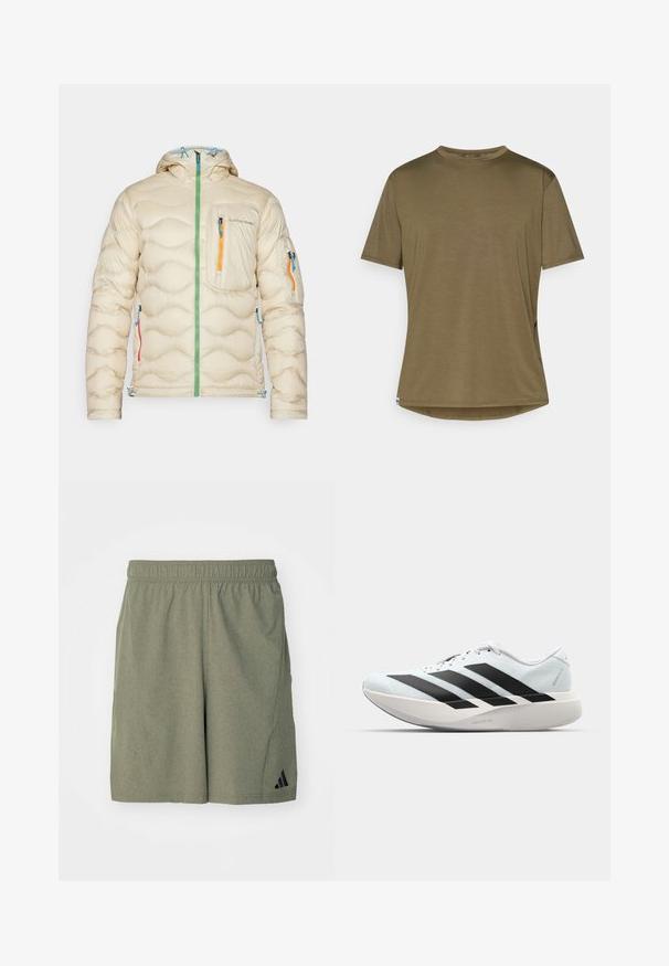 Krēmveida pūka jaka ar kapuci, quiltēts dizains, zaļš rāvējslēdzis, trīs kabatas ar krāsainiem rāvējslēdzējiem (zils, oranžs, sarkans) un regulējams apakšmala.; Olīvu zaļš īsām piedurknēm T-krekls, izgatavots no mīkstas auduma, ar apaļu kakla izgriezumu un taisnu apakšmalu ar nedaudz garāku aizmuguri.; Olivu zaļi sporta šorti, izgatavoti no teksturētas auduma, ar elastīgu jostasvietu un melnu logo apakšējā kreisajā stūrī.; Gaiši zili vieglie skriešanas apavi ar melniem svītrainiem. Iezīmēti ar gludu augšpusi, apaļu purngalu un biezāko balto vidējo zoli, kurā ir uzraksts "LIGHTSTRIKE PRO."