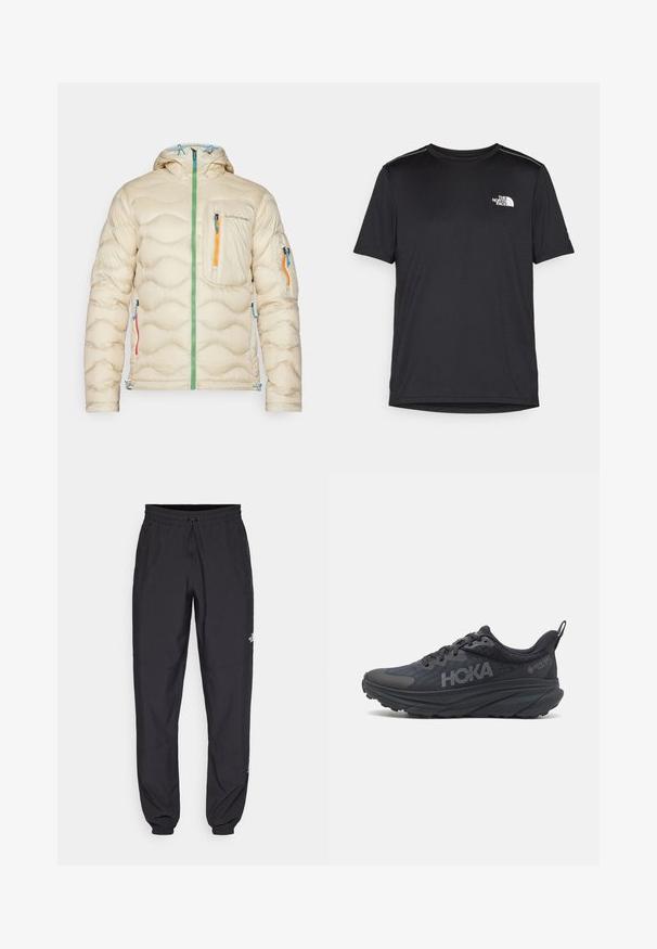 Krämfärgad pufferjacka med huva, quiltat mönster, grön dragkedja, tre fickor med färgade dragkedjor (blå, orange, röd) och justerbar fåll.; Svart kortärmad T-shirt i lättviktig tyg. Har en liten vit logotyp på vänster bröst och subtila axeltoner.; Svarta träningsbyxor tillverkade av lättviktsmaterial, med dragsko i midjan, sidofickor och avsmalnande muddar vid anklarna.; Svart Hoka löpsko med en mesh-ovandel, texturerade detaljer och en tjock, dämpad sula med avsmalnande kanter för förbättrad stöd.