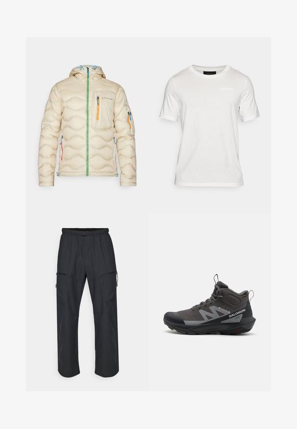 Kreem värvi puffjakki kapuutsiga, tikandiga disain, roheline tõmblukk, kolm taskut erivärviliste tõmblukkudega (sinine, oranž, punane) ja reguleeritav alläär.; Valge lühikeste varrukatega t-särk, mis on valmistatud pehmest kangast. Omab ümmargust kaelust ja peent brändingu detaili keskel ees.; Mustad mustad püksid, millel on elastne vöökohus, kaks lukuga taskut ja kerge, sile kangastekstuuri.; Must musta ja halli värvi matkasaapad, millel on kõrge disain, tekstiilülemine ja kummist põhi, millel on tekstureeritud haare. Küljel on märkimisväärne logo.