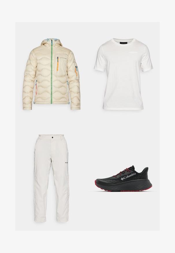 Kerman takki, jossa on huppu, uurrettu muotoilu, vihreä vetoketju, kolme taskua värillisten vetoketjujen (sininen, oranssi, punainen) kanssa ja säädettävä helma.; Valkoinen lyhythihainen t-paita, joka on valmistettu pehmeästä kankaasta. Siinä on pyöreä pääntie ja hillitty brändäyskuvio keskellä edessä.; Vaaleanbeiget vaellushousut, joissa on joustava vyötärö, kapenevat lahkeet ja kaksi sivutaskua. Vasemmassa reidessä on Columbia-logo.; Musta urheilukenkä, jonka pinnassa on tekstuuri, punaiset nauhat ja logo. Paksu pohja, jossa on kuvioitu pito. Minimalistinen muotoilu, sivunäkemys.