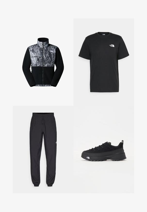 Fleecejacka med svart kropp och ett mönstrat överstycke i svart och vitt. Har dragkedjestängning och sidfickor.; Svart bomull t-shirt med kort ärm, rund halsringning och en liten vit logga på vänster bröst. Enkelt design, mjuk textur och avslappnad passform.; Svarta träningsbyxor tillverkade av lättviktsmaterial, med dragsko i midjan, sidofickor och avsmalnande muddar vid anklarna.; Svart utomhussko med ovandel i mocka, texturerad gummisula och robust snörningssystem. Har en förstärkt häl och varumärkeslogotyp på sidan.