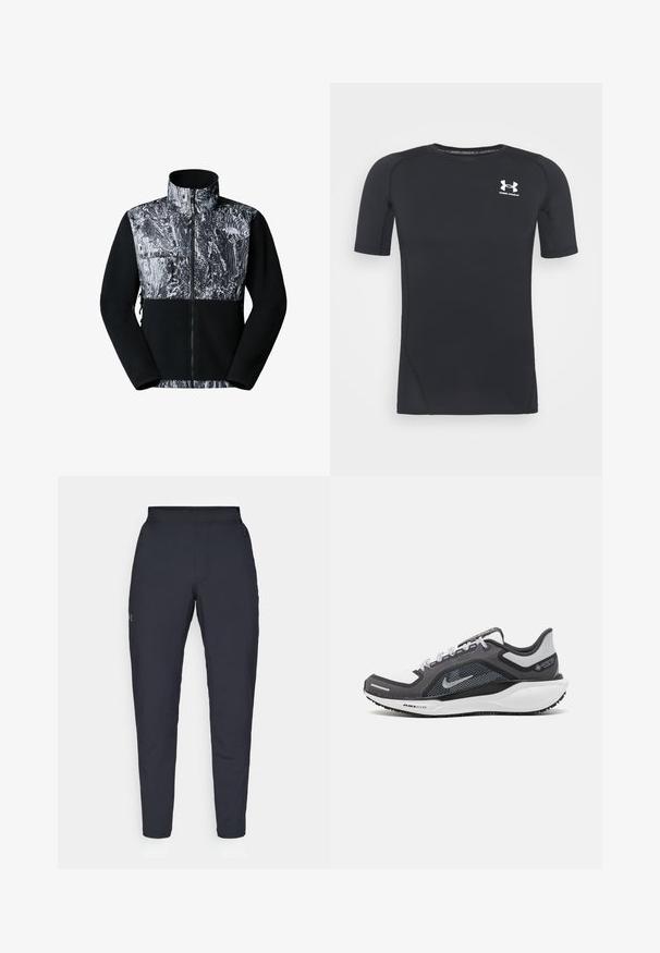 Kurtka polarowa z czarnym korpusem i wzorzystą czarno-białą górną częścią. Posiada zamek błyskawiczny i boczne kieszenie.; Czarny, krótki rękaw, sportowa koszulka wykonana z odprowadzającego wilgoć, elastycznego materiału. Posiada okrągły dekolt i małe białe logo na piersi.; Czarne spodnie sportowe o gładkiej fakturze, dopasowanym kroju, elastycznej talii i bocznych kieszeniach. Posiadają małe logo na lewym udzie.; Czarne i szare buty sportowe z siateczkową cholewką, odblaskowymi akcentami i białą podeszwą środkową. Posiadają teksturowaną gumową podeszwę i sznurowadła.