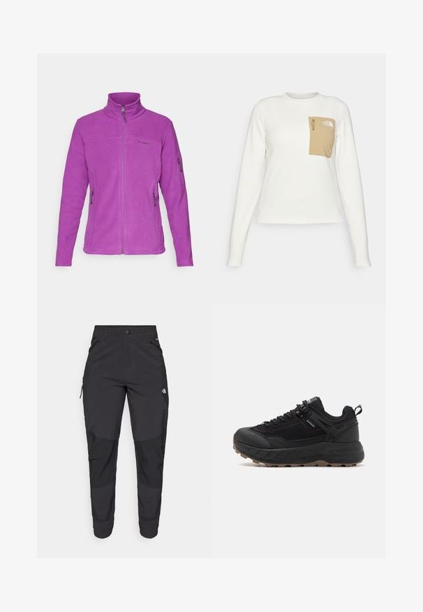 Paarse fleecejack met lange mouwen, hoge kraag, volle rits aan de voorkant en twee ritszakken aan de zijkanten. Bevat een logo op de borst.; Witte longsleeve shirt gemaakt van een gestructureerde stof met een beige patch zak voorzien van een trekkoord en logo.; Zwarte outdoorbroek gemaakt van duurzaam materiaal. Voorzien van ritszakken, versterkte knieën en een rechte snit voor optimale bewegingsvrijheid.; Zwarte sportieve schoenen met een bovenwerk van textuurleer en stof, een geprinte zool, een versterkte neus en een aanpasbaar vetersysteem.