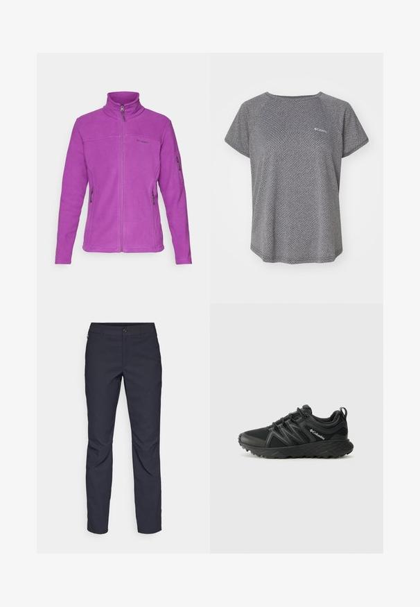 Casaco de polar roxo com mangas longas, gola alta, fecho frontal total e dois bolsos laterais com fecho. Apresenta um logótipo no peito.; Camisa cinza de manga curta com um padrão texturizado subtil, decote redondo e logótipo da Columbia no peito. Tecido suave, ajuste descontraído.; Calças azul-marinho feitas de tecido liso, com fecho frontal em botão, design slim-fit e detalhes pregueados nos joelhos.; Columbia PEAKFREAK - Sapatos de caminhada - black