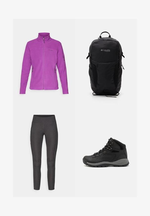 Fialová fleecová bunda s dlouhými rukávy, vysokým límcem, plným předním zipem a dvěma bočními kapsami na zip. Na hrudi je vyobrazeno logo.; Černé tričko Columbia s bílým kruhovým uměleckým ztvárněním hor a řeky a textem "Columbia Sportswear Company Outside Since 1938."; Vysoké legíny v tmavě šedé barvě, vyrobené z texturované tkaniny. Mají přiléhavý střih a boční kapsy pro uložení.; Černé turistické boty s mírně vyšším střihem, které mají texturovaný svršek, šedé detaily a odolnou gumovou podrážku s trakčními výstupky.; Černý batoh Columbia Titanium s hladkým textilním povrchem, bočními kapsami, horním madlem a nastavitelnými popruhy. Minimalistický design s jemným brandingem.