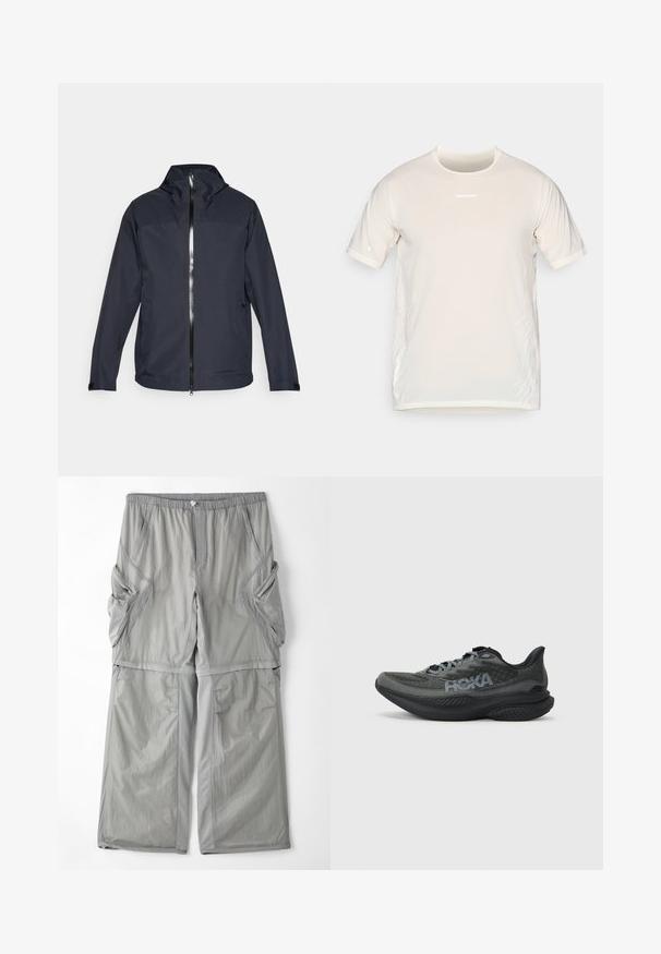 Sötét tengerészkék könnyű dzseki magas gallérral, teljes hosszú cipzárral és két oldalsó zsebbel. Simább anyagból készült, és állítható mandzsettákkal rendelkezik.; Beige Salomon rövid ujjú sportpóló kerek nyakkal és finom fehér grafikus vonalakkal az oldalán.; Világosszürke, légáteresztő szövetnadrág, elasztikus derékkal, oldalzsebekkel és kontrasztos szürke díszítéssel a varrások mentén. Szabott, laza fazon.; Szürke sportcipő hálós felső résszel, HOKA felirattal az oldalon, párnázott talppal és lekerekített orral a fokozott kényelem és támasz érdekében.