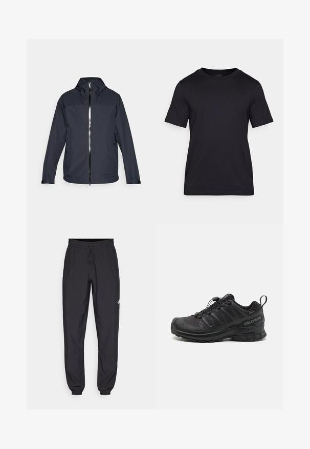 Mørk blå lettvekt jakke med høy krage, full front glidelås og to sidelommer. Har glatt stoff og justerbare mansjetter.; Svart T-skjorte laget av glatt stoff, med rund hals og korte ermer. Diskret merkevaretrykk i svart på brystet.; Sorte idrettsbukser laget av lett stoff, med snor i livet, sidelommer og smale mansjetter ved anklene.; Svart sportsko med en teksturert syntetisk overdel, polstret såle og et hurtiglenkesystem. Har forsterket tå og hæl.