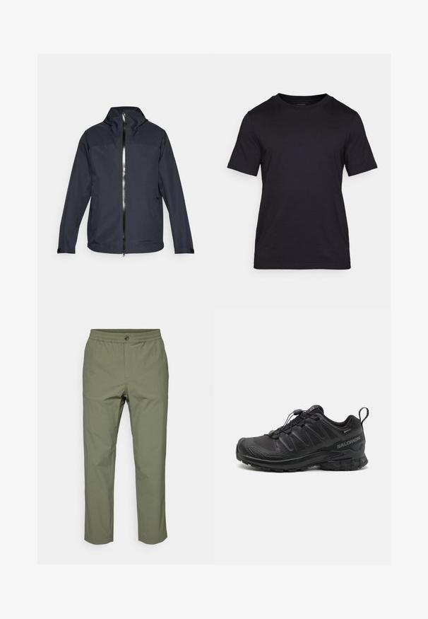 Mørk blå lettvekt jakke med høy krage, full front glidelås og to sidelommer. Har glatt stoff og justerbare mansjetter.; Svart T-skjorte laget av glatt stoff, med rund hals og korte ermer. Diskret merkevaretrykk i svart på brystet.; Olivenfargede bukser laget av lett stoff, med elastisk midje, knappelukking og rett benpassform uten synlige mønstre.; Svart sportsko med en teksturert syntetisk overdel, polstret såle og et hurtiglenkesystem. Har forsterket tå og hæl.