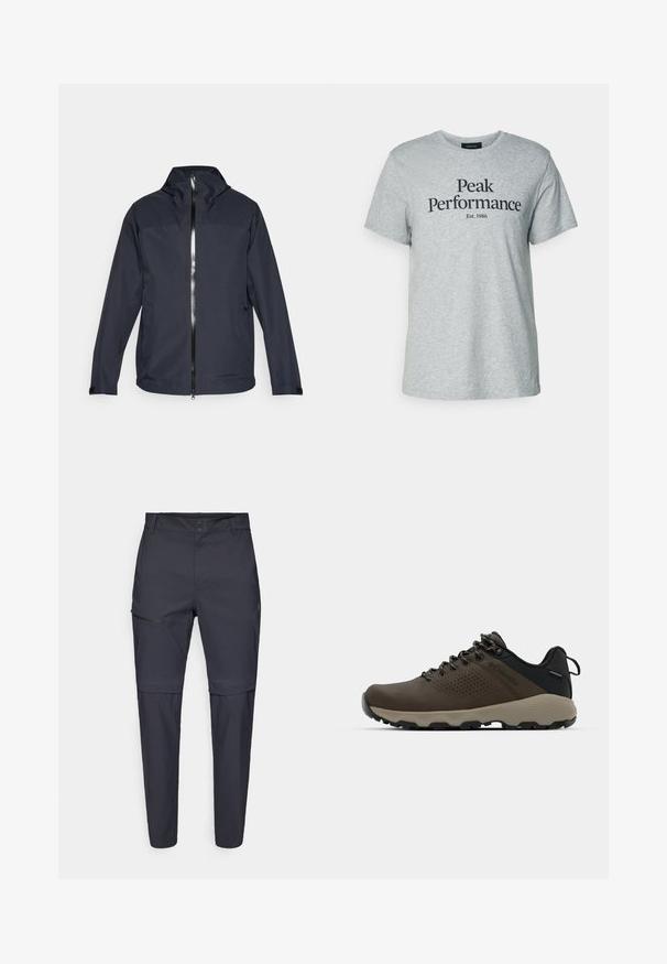 Veste légère bleu marine foncé avec un col haut, fermeture éclair sur le devant et deux poches latérales. Dispose d'un tissu lisse et de poignets ajustables.; T-shirt en coton gris avec des manches courtes et un col rond, portant un texte noir indiquant "Peak Performance Est. 1986" sur le devant.; Pantalons légers bleu marine avec une poche zippée sur la cuisse et une coupe droite ; fabriqués dans un tissu doux et durable.; Baskets imperméables marron avec une tige texturée, des accents perforés, un support de talon noir et une semelle en caoutchouc grise. Les lacets sont ornés d'embouts métalliques.