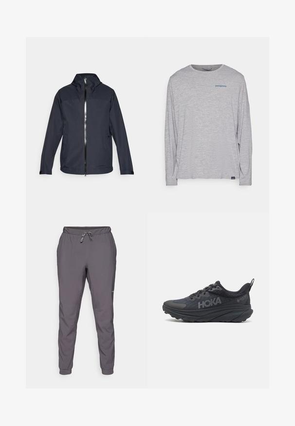 Chaqueta ligera de color azul marino oscuro con un cuello alto, cierre frontal completo y dos bolsillos laterales. Cuenta con un tejido suave y puños ajustables.; Camiseta de manga larga gris claro hecha de un tejido suave y texturizado. Presenta un cuello redondo y un pequeño logo azul de Patagonia en el pecho.; Pantalones grises, ligeros, con cintura elástica y cordón ajustable; piernas ajustadas; textura suave; incluye detalle de logo en un lado.; Zapatilla de running Hoka negra con parte superior de malla, detalles texturizados y una suela gruesa y acolchada con bordes cónicos para un mayor soporte.