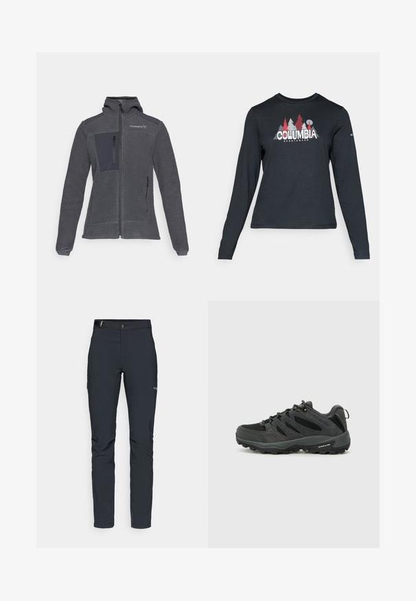 Gray fleece jacket with zip front. Features a textured body, smooth fabric accents, and zippered pockets. Hooded design.; Long-sleeve dark gray shirt with a graphic of red trees and mountains; "COLUMBIA" logo in bold white text. Soft fabric, standard crew neck.; Men's outdoor pants, dark gray, made from flexible material, featuring a belt, zippered pockets, and reinforced stitching.; Columbia REDMOND - Hiking shoes - black/citron haze