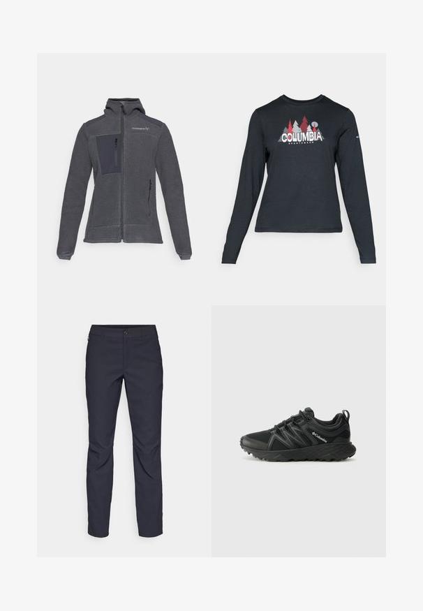 Siva flis jakna z zadrgo spredaj. Ima teksturirano telo, gladke tkanine kot dodatke in žepe z zadrgo. Zasnova s kapuco.; Majica z dolgimi rokavi temno siva z grafiko rdečih dreves in gora; logotip "COLUMBIA" v krepki beli barvi. Mehka tkanina, standarden krojen ovratnik.; Mornarji modri hlače iz gladkega blaga, z zapiranjem na gumb spredaj, tesno prilegnjenim krojem in gubami na kolenih.; Columbia PEAKFREAK - Pohodniški čevlji - black
