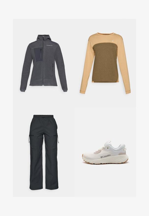 Siva flis jakna z zadrgo spredaj. Ima teksturirano telo, gladke tkanine kot dodatke in žepe z zadrgo. Zasnova s kapuco.; Majica z dolgimi rokavi z bež zgornjim delom in temno olivno zelenim spodnjim delom. Mehka, teksturirana tkanina z kontrastnimi ramenskimi šivi.; Peak Performance CARGO PANTS - Hlače za na prostem - black; Lahka športna obutev Columbia v beli mreži z teksturiranim sivim podplatom in gumijastim oprijemom. Ima podloženi ovratnik in vezalni dizajn.