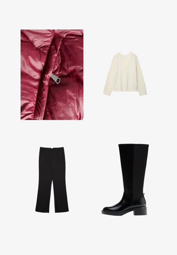 Burgundska pufasta jakna z gladko, sijočo zunanjostjo s kviltanimi odseki in kovinsko zadrgo z izrezom v pravokotni obliki.; Pulover z V-izrezom, kremne barve, z rebrastim teksturiranjem, ohlapnega kroja in dolgimi rokavi. Mehka tkanina, skrajšana dolžina, z diskretno pleteno motiviko.; Črne hlače ravnega kroja z naglavnimi žepi in stranskimi razporki na robu. Narejene iz mehke, gladke tkanine. Primerne za različne priložnosti.; Črne usnjene čizme do kolen z sijajno površino, kvadratnim prstom, blok peto in stranskim šivom. Imajo zanko za vlečenje na hrbtni strani.