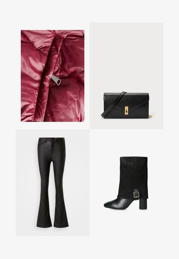 Bordeaux pufferjack met een gladde, glanzende buitenkant, gequiltte secties en een metalen rits met een rechthoekige uitsparing.; Witte overhemd met dunne grijze verticale strepen. Het heeft een patchzakje aan de linkerkant, een klassieke kraag en lange mouwen.; Zwarte flared jeans gemaakt van een glanzende, soepele stof. Heeft een hoge taille, voorzakken en een rits met een knoopsluiting.; Zwarte enkelboot met een bovenwerk van suede, een puntige neus, een chunky hak en een decoratieve gesp aan de zijkant, met een glad leren neuskap.; Zwarte leren portemonnee met een opklapbare flap, gouden hardware en een logo-accent. Inclusief een afneembare strap voor het dragen.