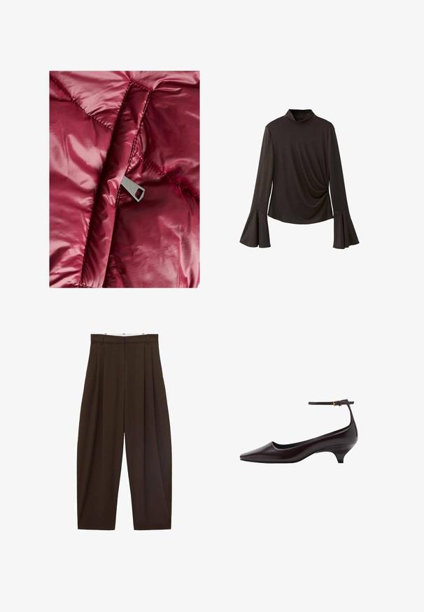 Giacca puffer borgogna con un esterno liscio e lucido, dotata di sezioni trapuntate e una cerniera metallica con un tassello a forma rettangolare.; Top nero a maniche lunghe con un collo alto, dotato di maniche svasate e dettagli arricciati sui lati per un tocco di texture. Realizzato in tessuto elastico.; Pantaloni marroni a vita alta con pieghe, realizzati in tessuto morbido. Vestibilità ampia, design a gamba dritta, dotati di passanti per cintura e chiusura con zip.; Scarpa in pelle marrone scuro con punta a punta, tacco kitten sottile, cinturino alla caviglia e piccola fibbia dorata.