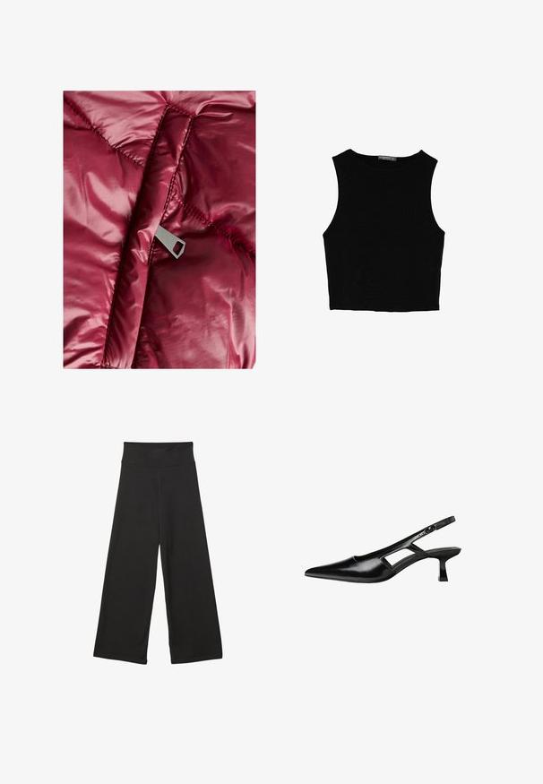 Burgundská púderová bunda s hladkým, lesklým povrchom, prešívanými časťami a kovovým zipsom s výrezom v tvare obdlžníka.; Čierny bezrukávový crop top vyrobený z hladkej tkaniny, so zaobleným výstrihom a čistým, jednoduchým dizajnom bez vzorov alebo kovania.; Čierne nohavice s širokými nohavicami a vysokým elastickým pásom, vyrobené z mäkkého materiálu s voľným strihom, vhodné na neformálne nosenie alebo relaxačné prostredie.; Čierne lakované kožené lodičky na podpätku s špicatou špičkou, výrezovým dizajnom na boku a malým štvorcovým podpätkom. Hladký povrch s minimálnymi akcentmi.