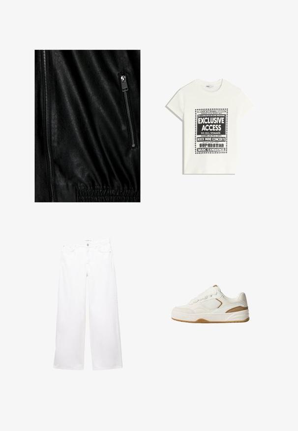 Fekete bőrdzseki texturált felszínnel, ezüst cipzárral elöl és elasztikus részletekkel a deréknál.; Fehér póló fekete felirattal, amely egy zenei eseményt népszerűsít, benne az "Exkluzív Hozzáférés", "Rock Indie Koncertek" és "Szupersztár Zenei Élmény" szöveggel.; Fehér, bőszárú farmernadrág sima textúrával. Gombbal és cipzárral záródik, két elülső és két hátsó zsebbel rendelkezik.; Fehér sneaker texturált anyagból és velúr részletekkel. Kerek fűzőkkel, párnázott bokarésszel és gumis, tapadásra tervezett talppal rendelkezik.