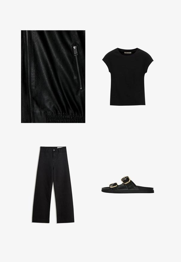 Giubbotto di pelle nera con una superficie strutturata, una cerniera argentata frontalmente e dettagli elasticizzati in vita.; T-shirt nera a maniche corte realizzata in tessuto morbido, con scollatura rotonda e vestibilità comoda, caratterizzata da una texture liscia e senza pattern.; Pantaloni in denim neri a gamba larga con vita alta, dotati di tasche anteriori e posteriori, cuciture a punto, e chiusura con bottone. Texture liscia.; Infradito neri con due accenti di fibbia dorata, materiale dalla texture liscia, suola piatta e design minimalista.