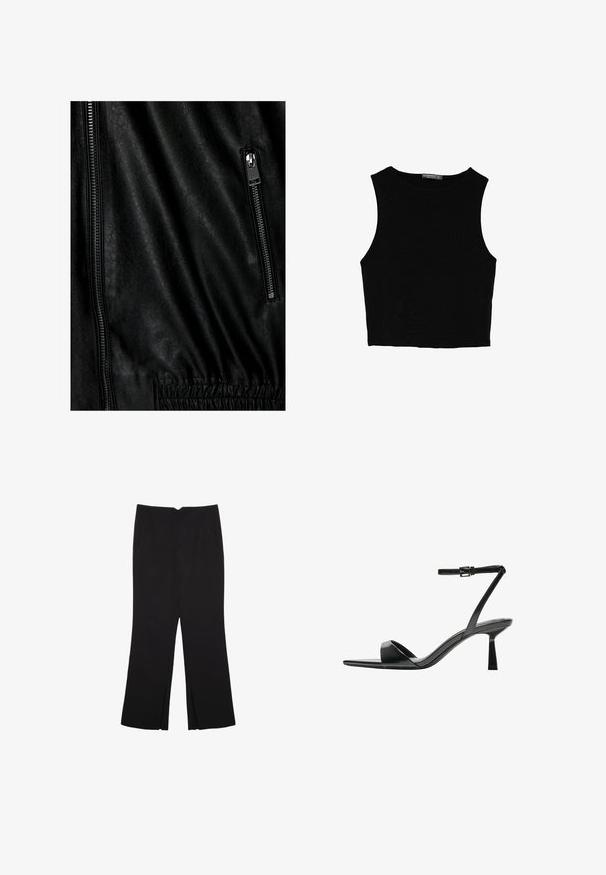 Čierna kožená bunda s textúrovaným povrchom, so strieborným zipsom vpredu a elastickými detailami v pase.; Čierny bezrukávový crop top vyrobený z hladkej tkaniny, so zaobleným výstrihom a čistým, jednoduchým dizajnom bez vzorov alebo kovania.; Čierne nohavice so strihom rovného strihu, s prednými vreckami a bočnými rozparkami na leme. Vyrobené z mäkkej, hladkej tkaniny. Vhodné na rôzne príležitosti.; Bershka Sandále na vysokom opätku - black