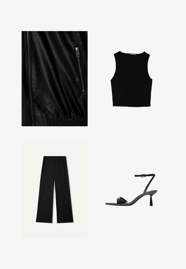 Musta nahkatakki, jossa on teksturoitu pinta, hopeinen vetoketju edessä ja joustava yksityiskohta vyötäröllä.; Musta hihaton crop-top, joka on valmistettu sileästä kankaasta, jossa on pyöreä kaula-aukko ja siisti, yksinkertainen muotoilu ilman kuvioita tai varusteita.; Bershka WIDE - Housut - black; Bershka Korolliset sandaalit - black