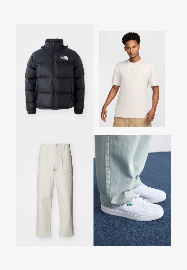 Black puffer jacket with zip closure, padded sections, high collar, and The North Face logo on the upper left. Smooth texture, no visible patterns.; Man with short curly hair wears beige Nike t-shirt and khaki shorts, facing forward against plain light background.; Light beige wide-leg pants made of cotton. Features front pockets and a button closure. Smooth texture with subtle vertical lines.; White leather sneakers with green Nike logo, round toe, flat sole, paired with light blue denim pants, shown on a blue carpet.