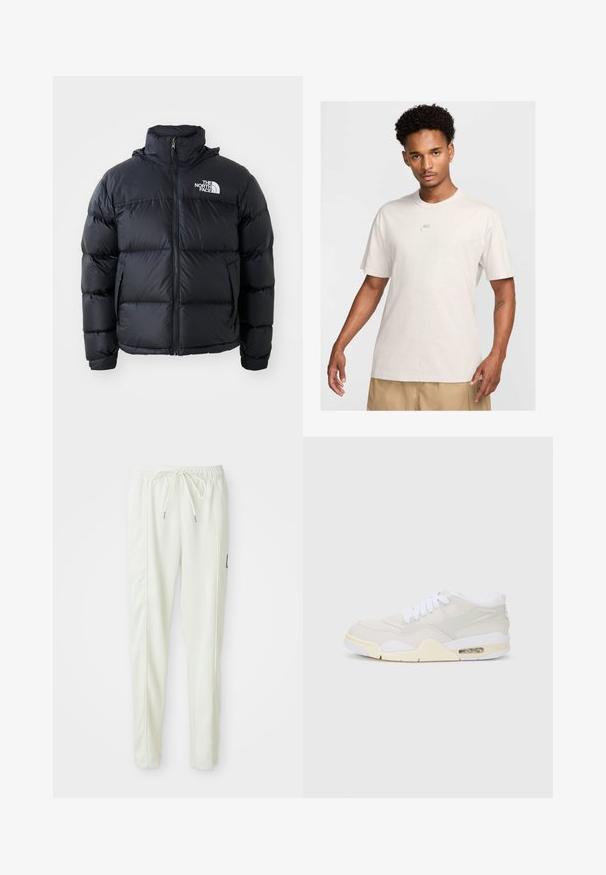 Zwarte pufferjack met ritssluiting, gewatteerde secties, hoge kraag en het North Face-logo op de bovenste linkerzijde. Gladde textuur, geen zichtbare patronen.; Man met kort krullend haar draagt een beige Nike t-shirt en kaki shorts, kijkt recht vooruit tegen een eenvoudige lichte achtergrond.; Witte slim-fit joggerbroek met elastische tailleband en trekkoord, met details aan de zijnaad en een klein zwart label op het rechterbeen.; Sneakers met een lichtbeige synthetisch bovenwerk, witte veters en zichtbare demping. Beschikt over een soepele zool en subtiele zijaccenten.