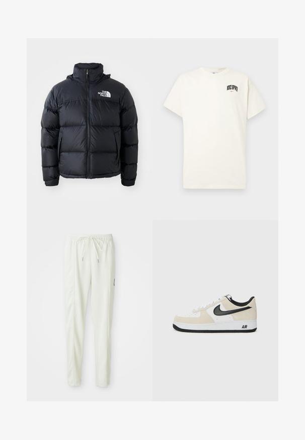 Čierna prešívaná bunda s uzáverom na zips, vypchanými časťami, vysokým golierom a logom The North Face na ľavom hornom rohu. Hladká textúra, bez viditeľných vzorov.; Krémová bavlnená tričko s krátkymi rukávmi, s nápisom "NIKE SB" v čiernej a červenej farbe na hrudi. Štandardný okrúhly výstrih.; Biele slim-fit teplákové nohavice s elastickým pásom a šnúrkou, s bočnými švovými detailmi a malou čiernou nášivkou na pravej nohe.; Tenisky s hornou časťou z ľahkej béžovej semišovej kože a bielej kože, čierny Nike swoosh, čierne akcenty a biela gumová podrážka s brandingom "AIR".