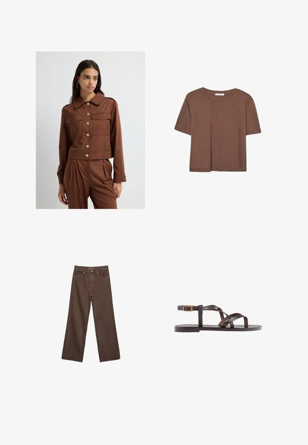 Kvinna med långt mörkt hår iförd brunt knäppt jacka och matchande veckade byxor, stående mot en slät ljus bakgrund.; Brun kortärmad t-shirt i mjukt tyg, med rund halsringning och avslappnad passform. Inga synliga mönster eller detaljer.; Breda bruna jeans i denim med hög midja, framfickor och klassisk knäppning. Slät textur med subtil sömnad.; Bruna lädersandaler med korsade remmar, spänne runt vristen och en platt sula med minimala sömnadsdetaljer.