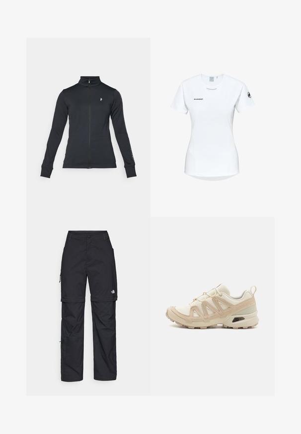 Veste noire zippée en tissu doux, avec un col haut, des manches longues et des rayures sur les côtés. Logo sur la poitrine gauche.; T-shirt de sport à manches courtes, blanc, avec un col rond, arborant un logo sur la poitrine et une texture de tissu lisse et léger.; Pantalons cargo en nylon noir, à zip amovible, avec chevilles ajustables, plusieurs poches et un logo sur la jambe droite. Texture lisse et légère.; Baskets de sport beiges et crème avec une tige en mesh texturé, des superpositions de soutien et une semelle en caoutchouc dotée d'un motif de crampons pour une traction.