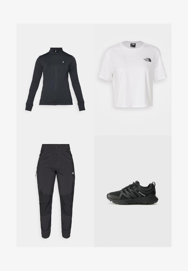 Jachetă neagră cu fermoar, dintr-un material moale, cu guler înalt, mâneci lungi și detalii cu dungi pe lateral. Logo pe pieptul din stânga.; Tricou scurt alb din bumbac, cu guler rotund și mâneci scurte. Prezintă un logo negru pe pieptul stâng.; Pantaloni de exterior negri, dintr-un material rezistent. Prezintă buzunare cu fermoar, panouri întărite pentru genunchi și un design drept pentru mobilitate.; Columbia PEAKFREAK - Pantofi drumeție - black