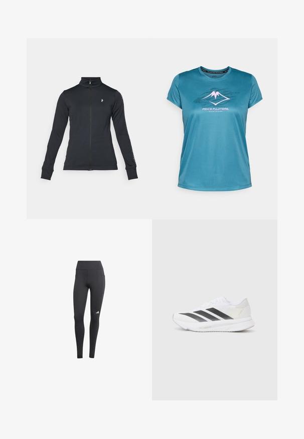 Zwarte zip-up jas gemaakt van zacht materiaal, met een hoge kraag, lange mouwen en zijsstripes. Logo op de linkerkant van de borst.; Teal sportshirt met korte mouwen, gemaakt van gladde stof, met een bergafbeelding in het roze en de tekst "ASICS FUJITRAIL" eronder.; Zwarte sportlegging met een hoge tailleband, voorzien van een zijzak en een wit logo op het linkerspoor van de onderkant. Het materiaal lijkt ademend te zijn.; Witte sportschoen met zwarte diagonale strepen, bovenwerk van gaas, ronde neus en gestructureerde zool. Accenten zijn onder andere een zilveren hak en een minimalistisch ontwerp.