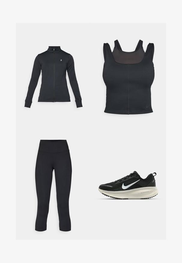 Veste noire zippée en tissu doux, avec un col haut, des manches longues et des rayures sur les côtés. Logo sur la poitrine gauche.; Soutien-gorge de sport noir avec une coupe ajustée, des bretelles larges et une superposition en mesh sur le devant. Texture lisse et coutures minimalistes. Logo Nike à l'ourlet.; Leggings noirs coupés en tissu extensible, avec une taille haute et une texture lisse, sans motifs ni éléments visibles.; Baskets de course noir Nike avec tige respirante en mesh, logo swoosh blanc, détails texturés et semelle intermédiaire ZoomX de couleur crème.