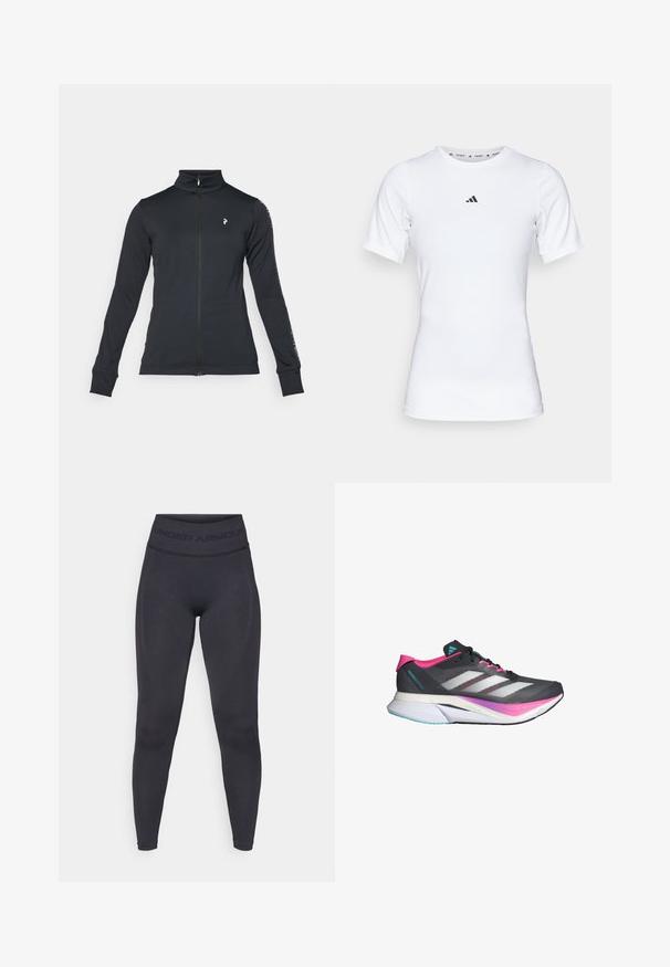 Sort zip-jakke lavet af blødt stof, med høj krave, lange ærmer og sidelogo-detaljer. Logo på venstre bryst.; Hvid atletisk skjorte med korte ærmer, lavet af glat, strækbart stof. Har et lille sort Adidas-logo på brystet.; Sorte tights med en høj elastisk talje, der har teksten "UNDER ARMOUR". Glat tekstur med subtile mønsterindslag langs benene.; Løbesko med et gråt mesh-overdel, pink detaljer og hvide striber. Har en polstret sål og et slankt, aerodynamisk design.