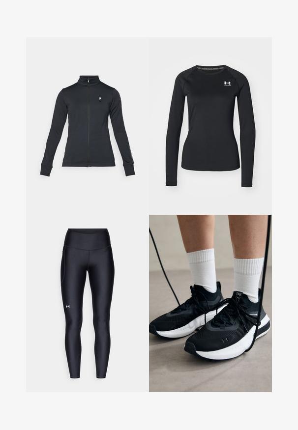 Must näsaga must jacket, mis on valmistatud pehmest kangast, kõrge krae, pikad varrukad ja külgjoonete detailidega. Logo vasakul rinnal.; Must lâuhi keskmise käisteta sportlik särk, mis on valmistatud siledast kangast, ümmarguse kaelusega ning väikese valge logoga vasakul rinnal.; Mustad mustad, venitatud materjalist, kõrge vöökoht. Vasakul reie kohal on valge logo ning tihe disain.; Mustad mustad jalanõud tekstuuritud kangast, valge tallaga ja mustade paeltega. Kanna valgete soonikkudega sokkide sisse, seistes helesinisel pinnal.