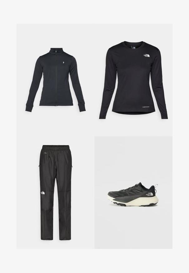 Black zip-up jacket made of soft fabric, featuring a high collar, long sleeves, and side stripe detailing. Logo on the left chest.; The North Face SHADOW LONG SLEEVE - Long sleeved top - black; Black waterproof pants made from lightweight fabric, featuring an elastic waistband, side pockets, and a logo on the left leg.; Black athletic shoe with a textured upper, featuring gray accents and a white midsole. Includes a pull tab and prominent brand logo on the heel.