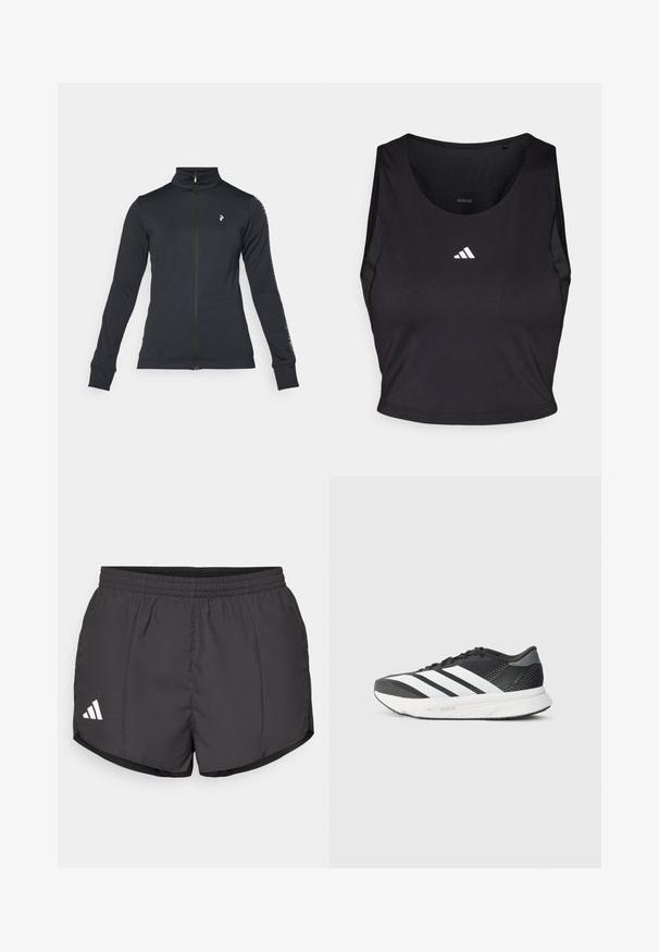 Zwarte zip-up jas gemaakt van zacht materiaal, met een hoge kraag, lange mouwen en zijsstripes. Logo op de linkerkant van de borst.; Zwarte sportcrop top gemaakt van vochtregulerende stof, met een ronde hals, mouwloos ontwerp en wit logo op de borst.; Zwarte sport shorts gemaakt van lichtgewicht stof, met een elastische tailleband en een wit Adidas-logo aan de onderkant aan de linkerkant.; Zwarte sport schoen met witte strepen, bovenwerk van mesh, gevoerde zool en een gestroomlijnd ontwerp. Accenten van grijs op de hak en tong.