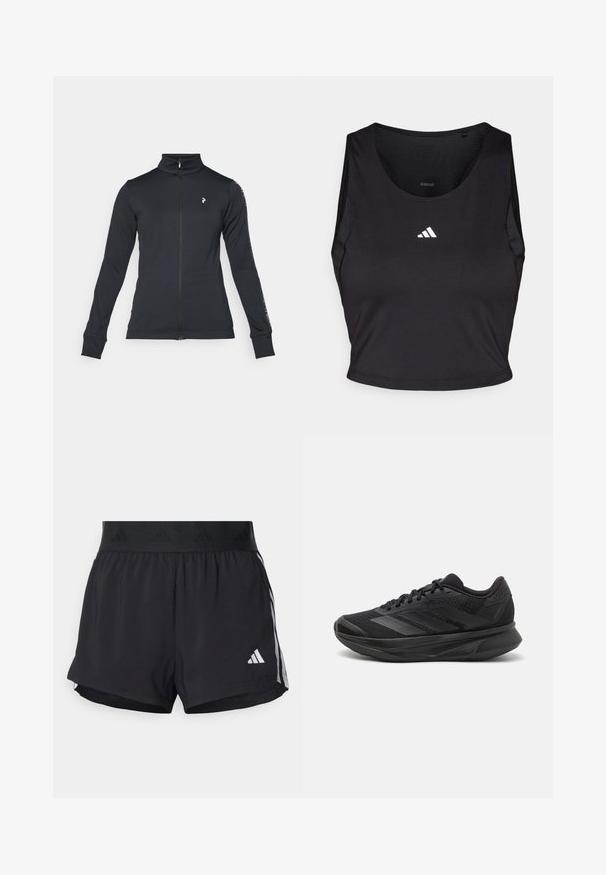 Czarna kurtka zapinana na zamek, wykonana z miękkiego materiału, z wysokim kołnierzem, długimi rękawami i detalami w postaci bocznych pasków. Logo na lewej piersi.; Czarny sportowy crop top wykonany z tkaniny odprowadzającej wilgoć, z okrągłym dekoltem, bez rękawów oraz białym logo na klatce piersiowej.; Czarne sportowe szorty z elastycznym paskiem w talii, z teksturowanym pasem, bocznymi paskami oraz białym logo Adidas na dolnym brzegu.; Czarna sportowa buty do biegania z oddychającą siateczką, zaokrąglonym noskiem, eleganckim designem, teksturowanymi akcentami oraz amortyzowaną podeszwą dla wygody.