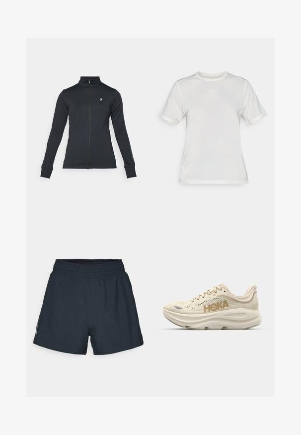 Sort zip-jakke lavet af blødt stof, med høj krave, lange ærmer og sidelogo-detaljer. Logo på venstre bryst.; Hvid kortærmet atletisk mesh-skjorte med rund hals og lille "Salomon" logo centreret på brystet.; Mørkeblå atletiske shorts lavet af letvægtsstof. Elastisk talje, løs pasform og ingen synlige lommer eller mønstre.; Lys beige løbesko med mesh-overdel, polstret krave, fremtrædende "HOKA" logo i guld og tyk, polstret sål for komfort.