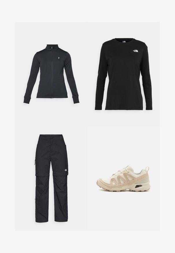 Mustat vetoketjulliset takit, jotka on valmistettu pehmeästä kankaasta, jossa on korkea kaulus, pitkät hihat ja sivuilla raidallisia yksityiskohtia. Logo vasemmassa rinnassa.; Musta pitkähihaisen t-paita, joka on valmistettu puuvillasta ja jossa on pyöreä kaula-aukko. Vasemmassa rinnassa on pieni valkoinen logo. Yksinkertainen muotoilu ja istuvuus.; Mustat nailonista valmistetut irrotettavat cargo-housut säädettävillä lahkeilla, useilla taskuilla ja logolla oikeassa jalassa. Liukas, kevyt rakenne.; Beige ja kreemi värvi sportlikud jalanõud, millel on tekstiilne mesh ülemine osa, toetavad ülekatted ja kummist tald, millel on mustripattern haardeks.