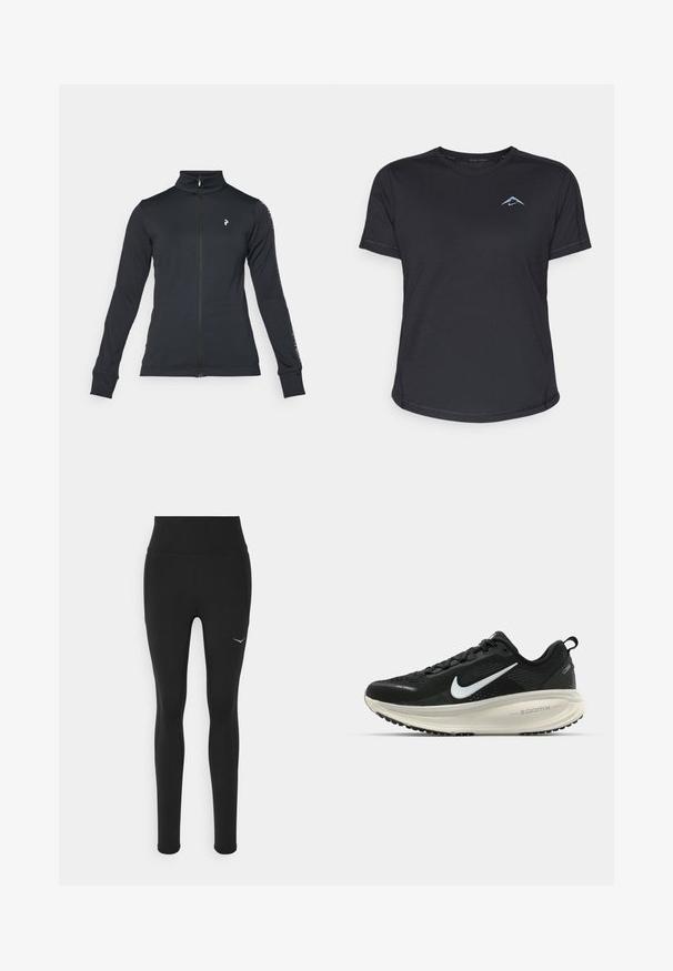 Zwarte zip-up jas gemaakt van zacht materiaal, met een hoge kraag, lange mouwen en zijsstripes. Logo op de linkerkant van de borst.; Zwart sportshirt met korte mouwen en ronde hals, van soepel materiaal, met reflecterend blauw logo op de linkerkant van de borst. Gestikte details langs de naden.; Zwarte leggings met een hoge taille, gemaakt van rekbaar materiaal. Voorzien van een klein wit logo aan de linkerkant en details in de zijnaad.; Zwarte Nike hardloopschoen met ademend mesh bovenwerk, witte swoosh-logo, gestructureerde details en een crèmekleurige ZoomX middenzool.