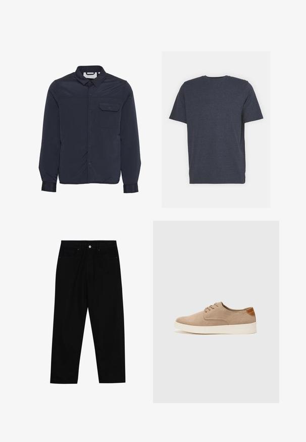 Jachetă ușoară, izolată, de culoare albastru marin, cu capse, guler ascuțit și un singur buzunar pe piept. Textură de țesătură netedă și lucioasă.; Tricou albastru marin cu guler rotund, fabricat dintr-un amestec de bumbac moale, cu mâneci scurte și o croială obișnuită. Fără modele sau accente vizibile.; Pantaloni negri din denim cu croială dreaptă, design cu cinci buzunare și închidere frontală cu nasture. Textură netedă cu detalii de cusătură minime.; Tenisi din suede bej cu vârf rotund, sistem de șireturi în față și un accent texturat în spate. Talpa albă din cauciuc oferă un contrast. Design simplu și modern.
