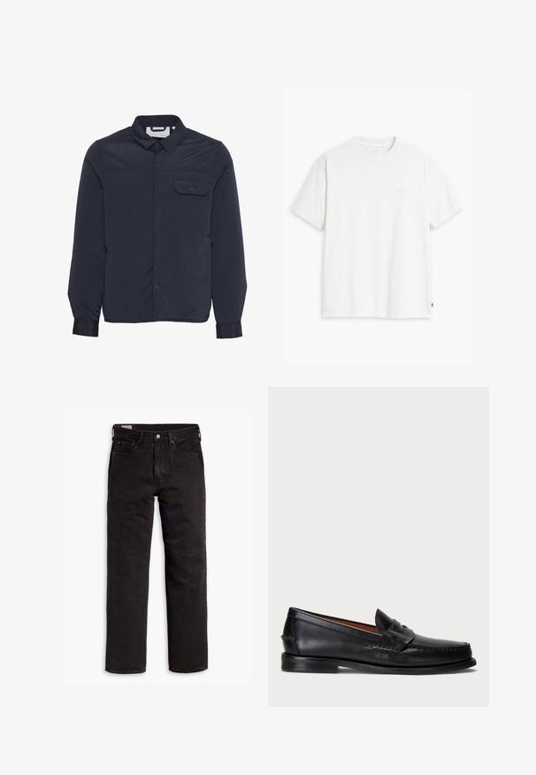 Tamsiai mėlyna, lengva, izoliuota striukė su snap mygtukais, smailiu apykakle ir vienu krūtiniu kišeniu. Lygi, blizgi audinio tekstūra.; Balta medvilninė marškinė su trumpomis rankovėmis, apvaliu kaklu ir subtiliu Levi's logotipu viduryje. Minkšta tekstūra ir standartinė išvaizda.; Juodos tiesios kojų džinsinės kelnės su penkiomis kišenėmis, mygtuko užsegimu ir diržo kilpomis, išdėstytos plokščiai ant balto fono.; Juodos odinės loafers tipo batai su apvaliu pirštu, siuvinėta detalė ir dekoratyvine juostele per priekį. Plokščias padas su minimalia profiliu.