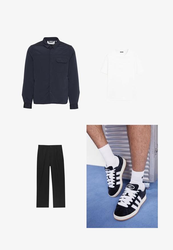 Marineblauwe, lichtgewicht, geïsoleerde jas met drukknopen, puntkraag en één borstzak. Glad, glanzend stof.; Witte katoenen t-shirt met korte mouwen, ronde halslijn en recht gesneden. Gladde textuur zonder zichtbare patronen of accenten.; Zwarte broeken met een recht model, gemaakt van een gladde stof. Voorzien van een voorplooien en een enkele knoopsluiting bij de taille.; Zwarte suède sneakers met witte veters en drie witte strepen. Heeft een cirkelvormig zwart logo op de tong en een gumrubberen zool.
