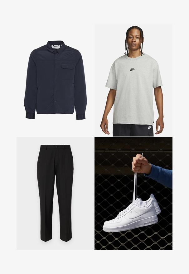 Námořnická modrá, lehká, zateplená bunda s patentními knoflíky, špičatým límcem a jednou náprsní kapsou. Hladká, lesklá textura látky.; Mladý člověk s pletenými vlasy, oblečený v světle šedém tričku Nike a černých šortkách Nike, na čistém bílém pozadí.; Černé kalhoty vyrobené z hladkého materiálu, s rovnými nohavicemi, předními kapsami, zapínáním na jeden knoflík a bez viditelných vzorů.; Bílé kožené tenisky s perforacemi, kulatou špičkou, plochou podrážkou a silnými tkaničkami, které mají viditelné logo swoosh a nápis "AIR" na patě.