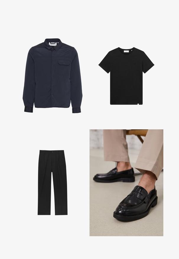 Mornarsko modra, lahka, izolirana jakna s pritrdilnimi gumbi, koničastim ovratnikom in enim prsnim žepom. Gladka, sijoča tekstura tkanine.; Črn kratkolasasti T-majica iz bombaža z okroglim izrezom in majhnim logotipom vezenim na prsih. Gladka tekstura, standardna prileganja.; Črne hlače z ravnim krojem, narejene iz gladkega materiala. Imajo sprednje gube in enojno zaponko na pasu.; Črne usnjene loafer čevlje z gladko površino, ki imajo okrasno zaponko in kontrastno šivanje, v kombinaciji s bež hlačami.
