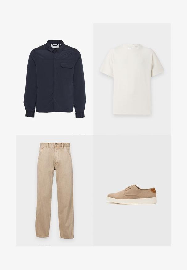 Námornícky modrá, ľahká, zateplená bunda s cvokmi, špicatým golierom a jednou náprsní kapsou. Hladká, lesklá textúra látky.; Biela krátka tričko s krátkym rukávom so žebrovanou textúrou. Okrúhly výstrih, uvoľnený strih, žiadne viditeľné vzory ani akcenty. Jednoduchý a všestranný dizajn.; Bežové denimové rifle so strihom rovného nohu, s prednými vreckami, kovovým zapínaním na gombík a jemnou textúrou.; Béžové semišové tenisky s okrúhlou špičkou, šnurovaním vpredu a textúrovaným zadným akcentom. Biela gumová podrážka poskytuje kontrast. Jednoduchý a moderný dizajn.