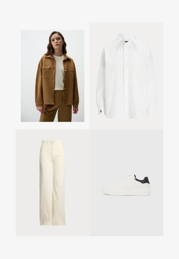Brązowa skórzana kurtka z guzikami z przodu, dwoma kieszeniami na piersi i luźnym krojem, noszona na kremowej koszuli i pasujących spodniach.; Biała koszula z długim rękawem, klasycznym kołnierzykiem i małym niebieskim logo na mankiecie. Gładki materiał bawełniany, dopasowany krój.; Polo Ralph Lauren - Spodnie materiałowe; Białe skórzane sneakersy z tłoczonym wzorem, teksturowaną białą podeszwą środkową oraz czarnym akcentem na pięcie. Posiadają zaokrąglony nosek i płaskie sznurowadła.